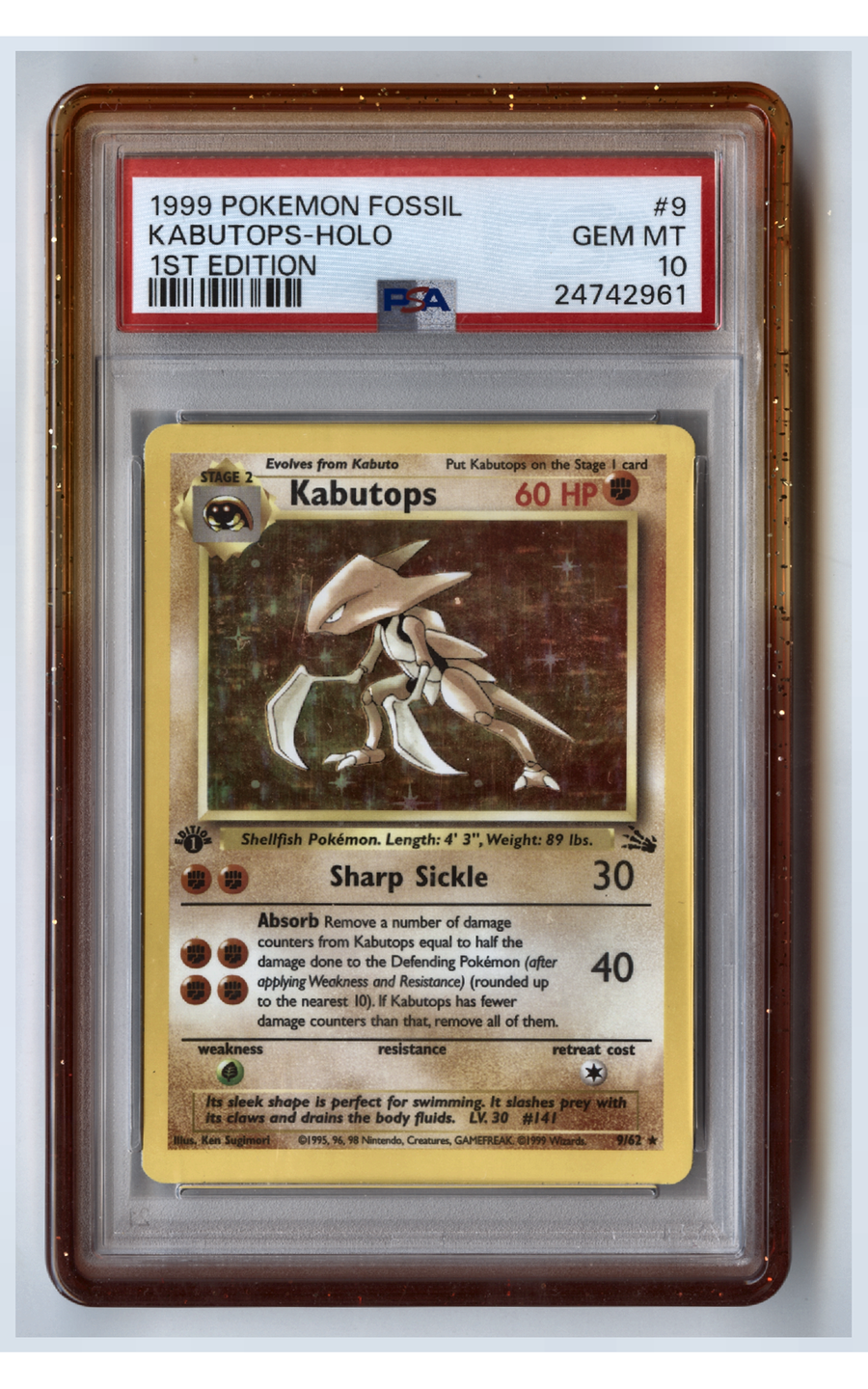 Kabutops 1st Edition Holo 9/62 - Fossil - PSA 10, front